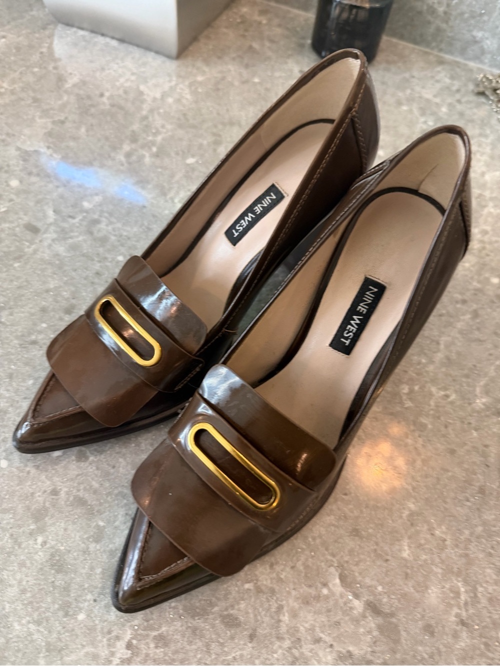 Nine West Brown Pointed-Toe Loafers with Gold Hardware